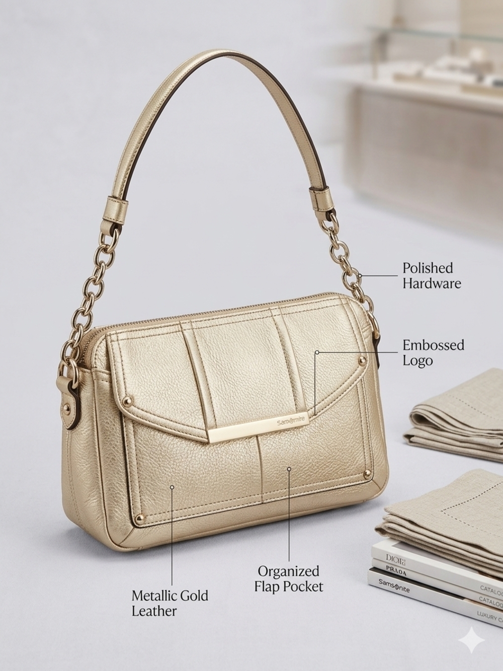 b. makowsky Gold Leather Shoulder Bag with Chain Accent